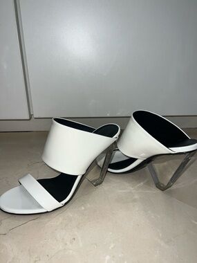 Balmain White Slide Sandals with Clear Geometric Heels